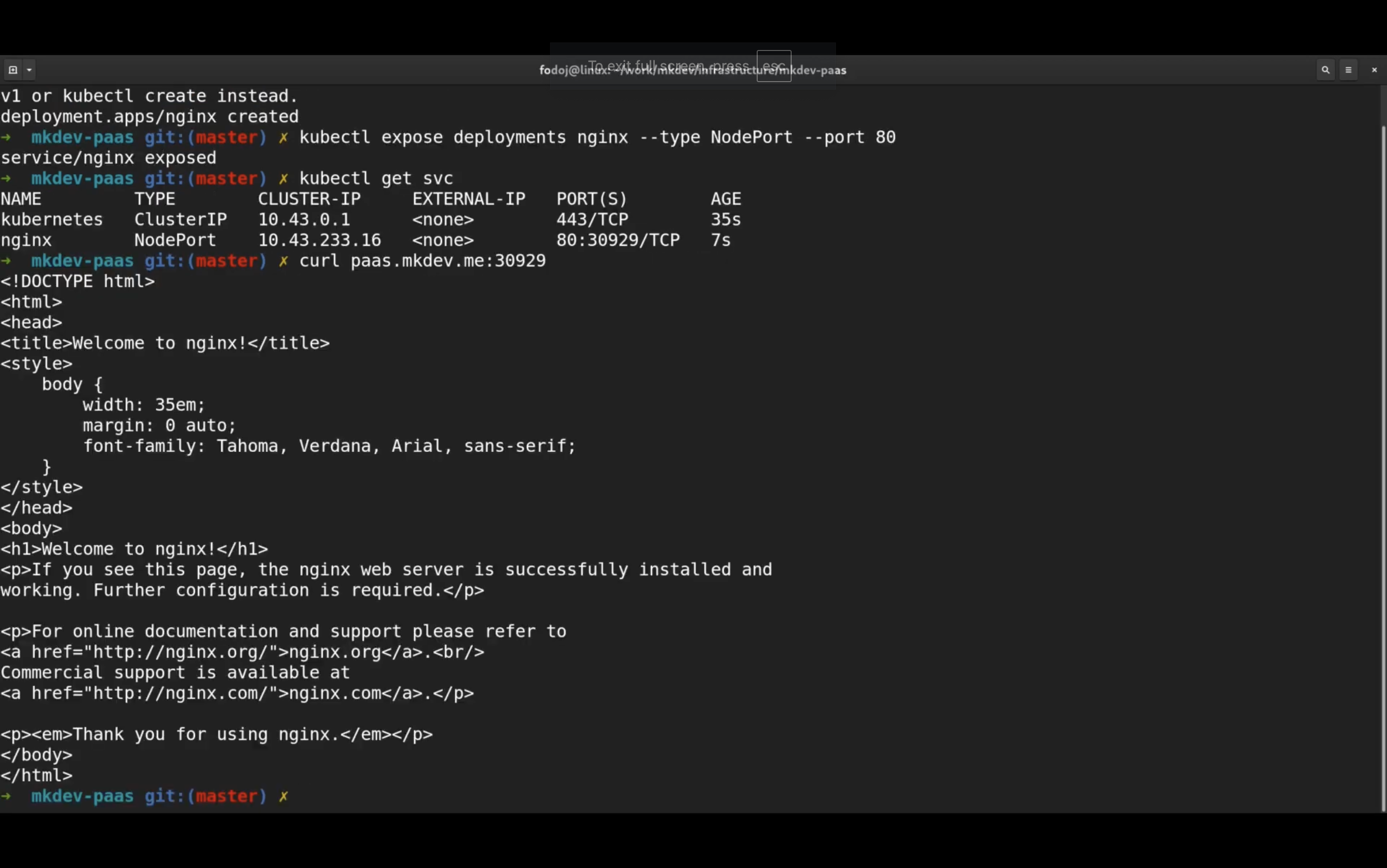 Terminal window showing commands for exposing an Nginx deployment with kubectl, retrieving service information, and accessing the Nginx welcome page HTML code with a curl request.