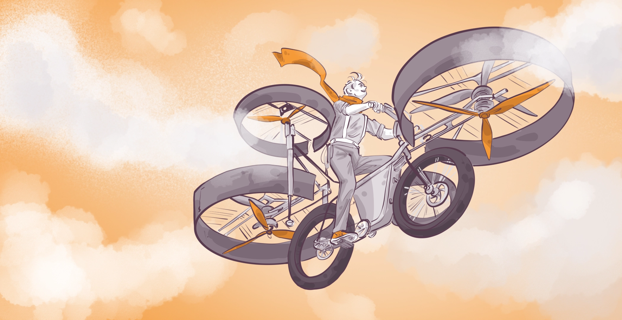 Illustration of a person flying through clouds on a futuristic bicycle with large propellers in place of wheels, wearing a flowing orange scarf, set against an orange sky.