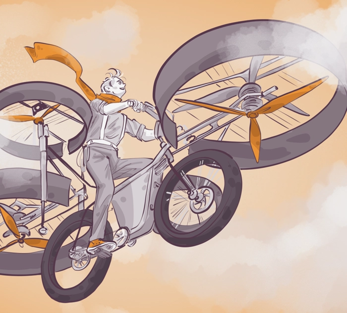 Illustration of a person riding a futuristic flying bike with large propellers in the sky, wearing a flowing orange scarf. The background is an orange sky with clouds, creating a whimsical and adventurous atmosphere.