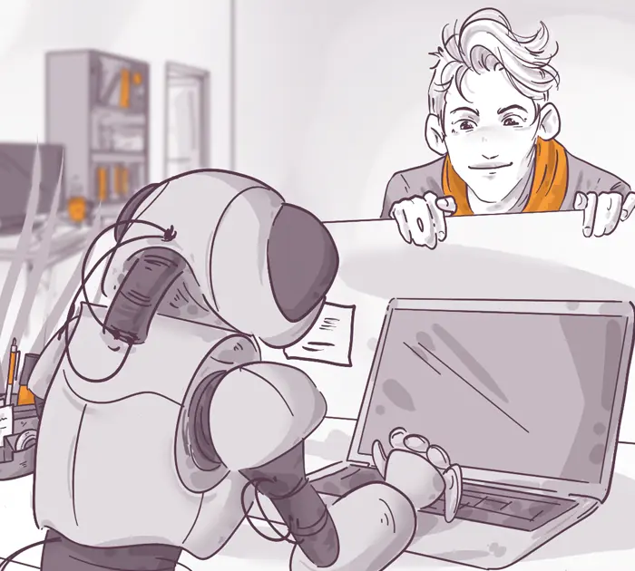 Robot using a laptop at a desk, with a person curiously observing over a partition in a modern office setting.