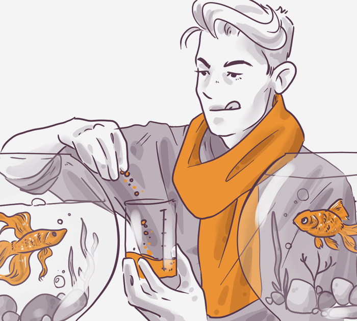 Illustration of a person wearing a scarf, feeding goldfish in a bowl using a beaker. Two goldfish swim in separate bowls, with bubbles and plants inside. The person has a focused expression, and orange tones highlight the image.