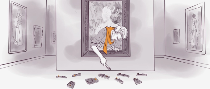 A cartoon character leans out of a picture frame in an art gallery, reaching down towards scattered USB flash drives on the floor. The gallery walls feature other blurred artworks. The character wears a bright orange scarf, adding a pop of color to the grayscale scene.