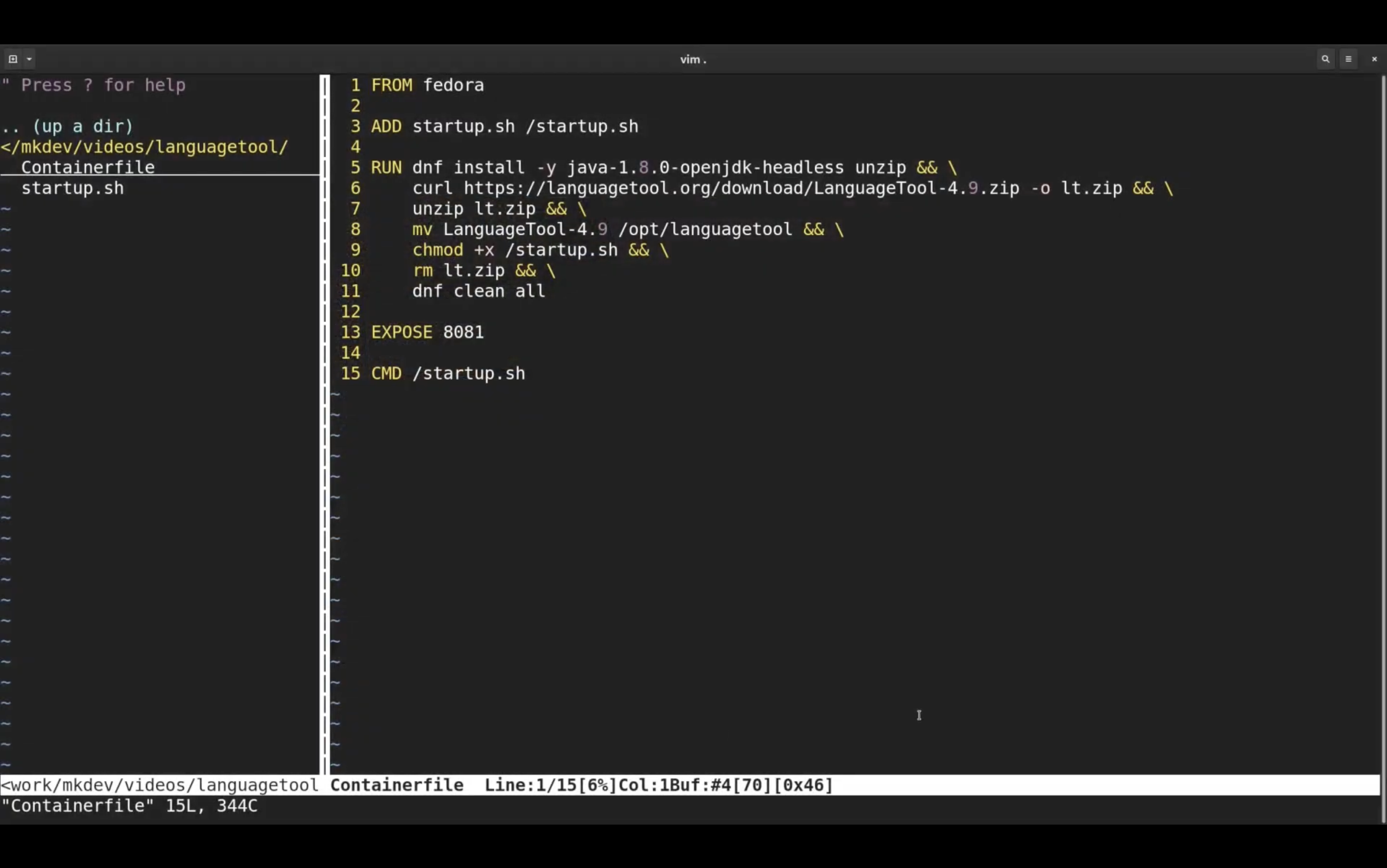 Split-screen terminal view showing a directory listing on the left with "Containerfile" selected, and the file's content on the right. The script outlines commands for a Docker image, installing Java and LanguageTool, setting file permissions, cleaning up, exposing port 8081, and running a startup script.