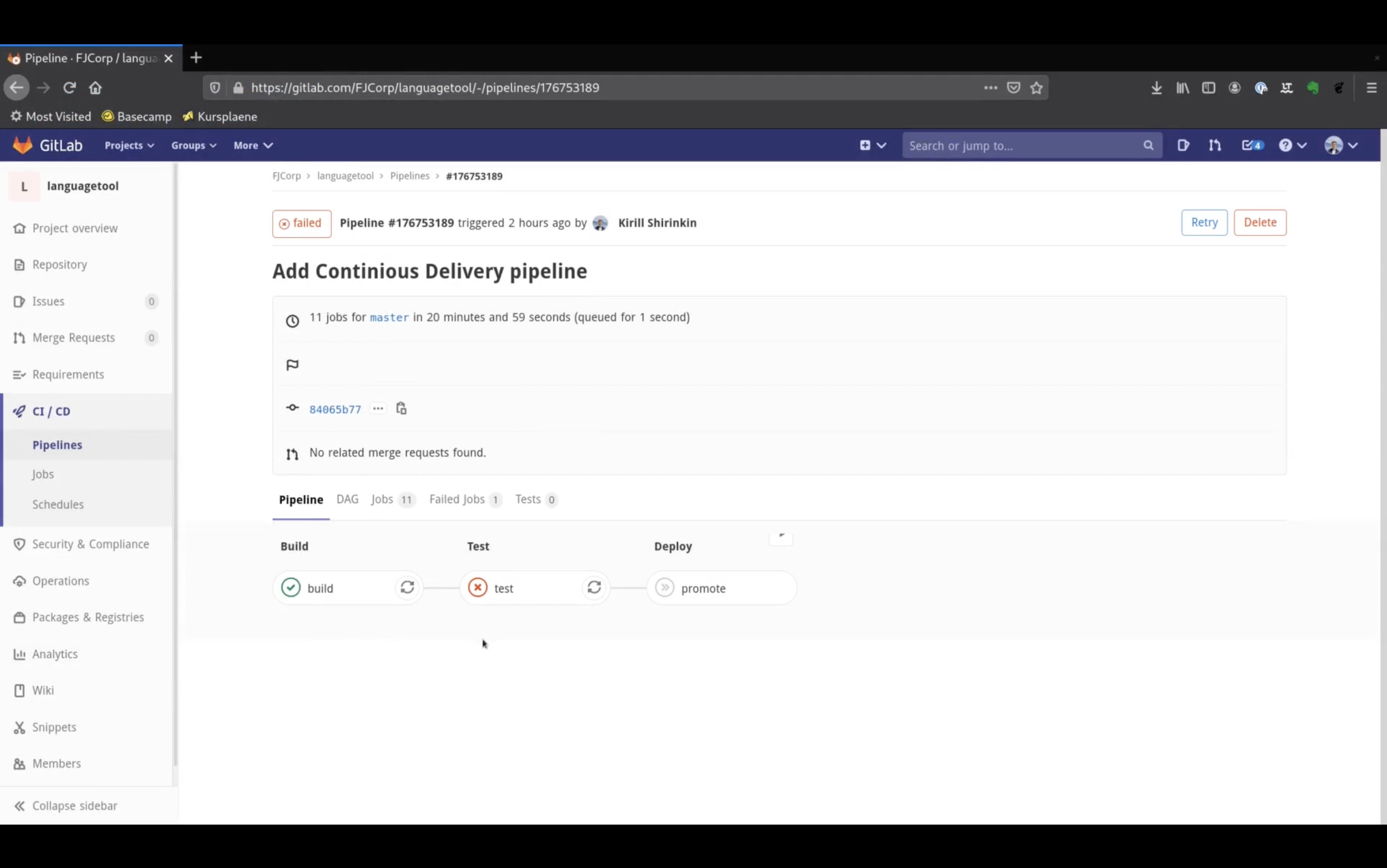 GitLab pipeline interface showing a failed pipeline for continuous delivery. The pipeline includes stages: Build (successful), Test (failed), and Deploy. Interface tabs for DAG, Jobs, Failed Jobs, and Tests visible. Options for retry and delete are present.