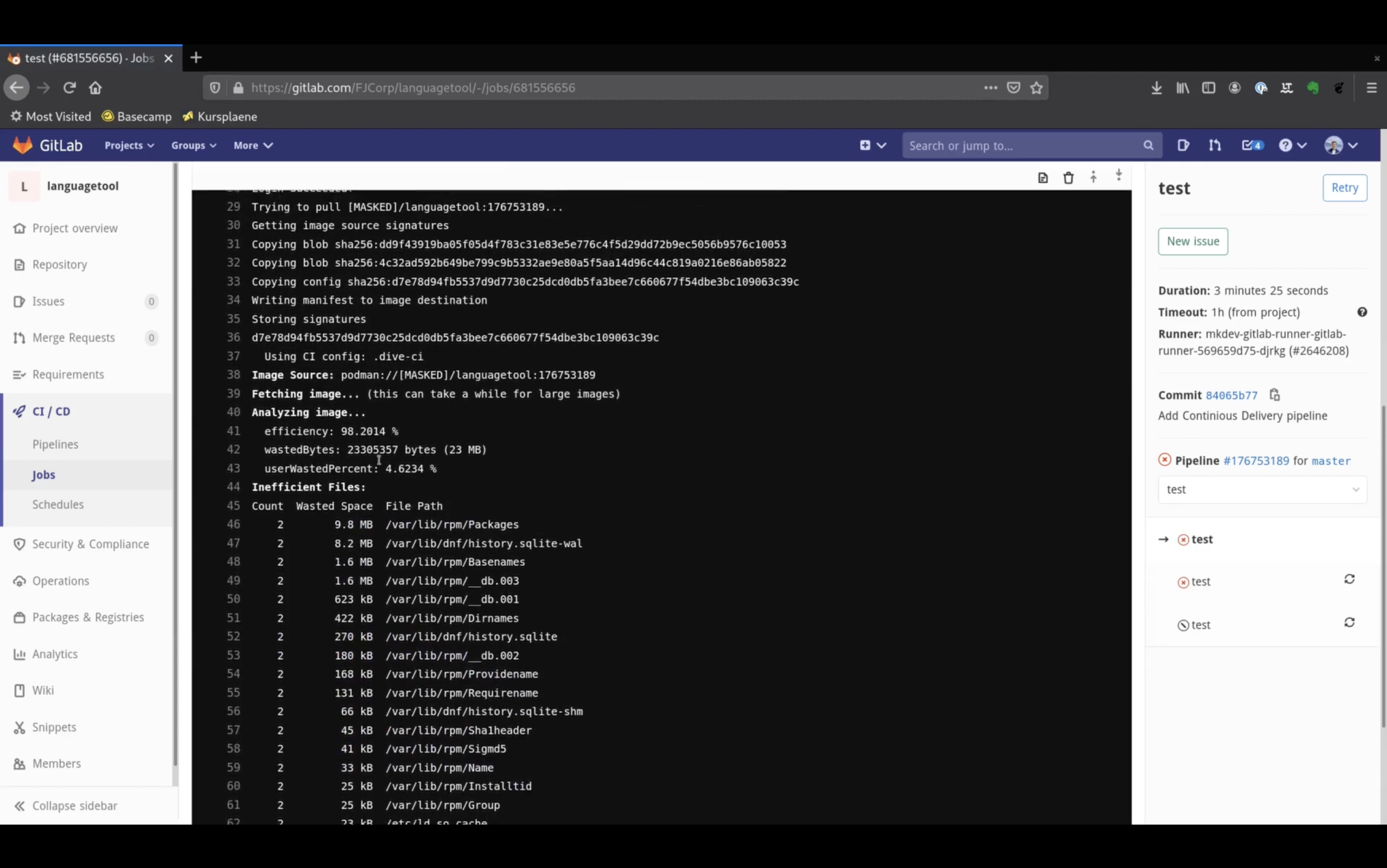 Screenshot of a GitLab CI/CD pipeline job page showing a running test for a project. The console output details an image analysis, listing image source, efficiency, and wasted space. On the right, the sidebar displays job details, duration, and commit info.