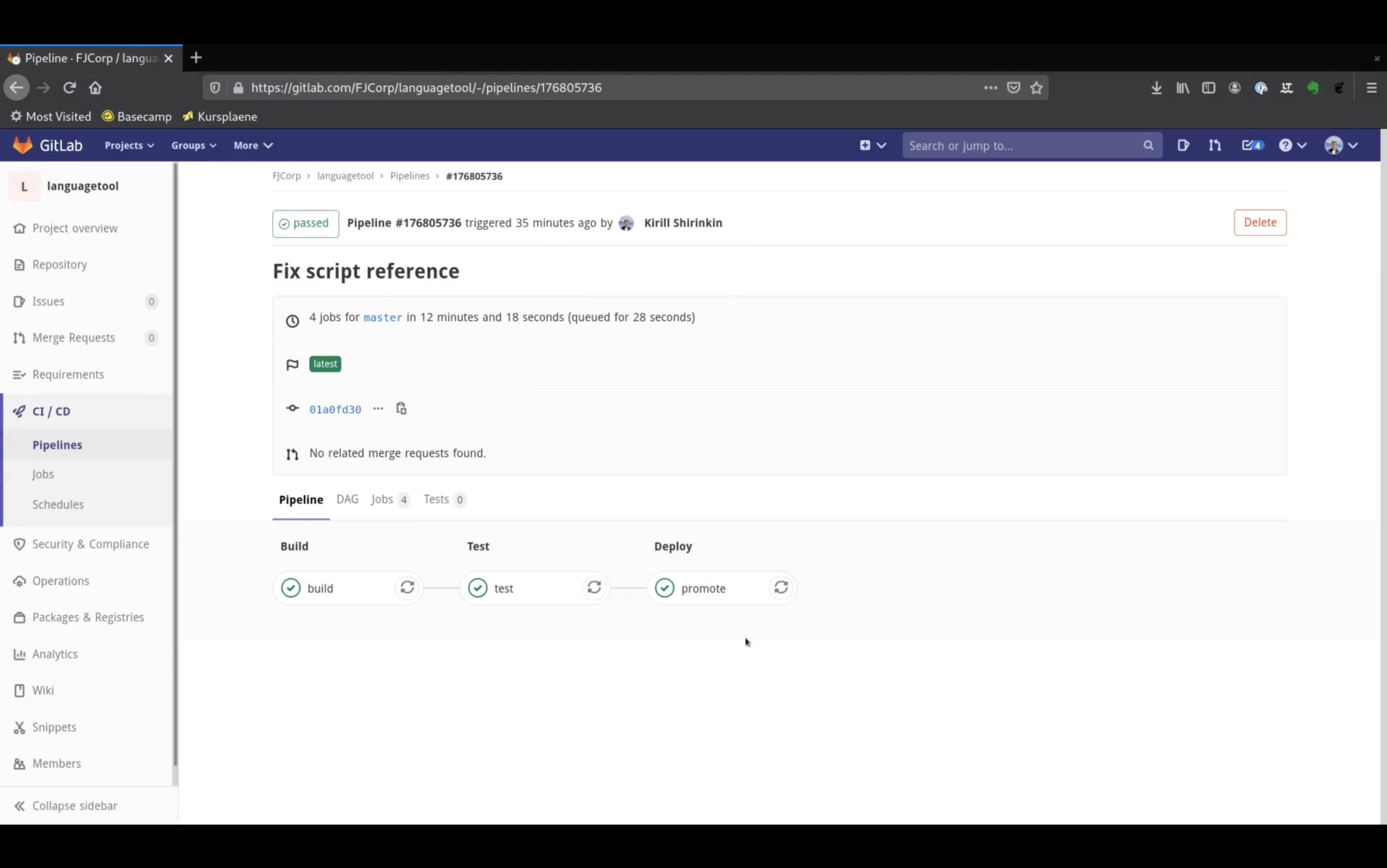 GitLab pipeline overview showing a successful run with the title "Fix script reference." Four jobs for the master branch completed in 12 minutes and 18 seconds. Tabs for Pipeline, DAG, Jobs, and Tests are visible, with build, test, and promote stages all passed.