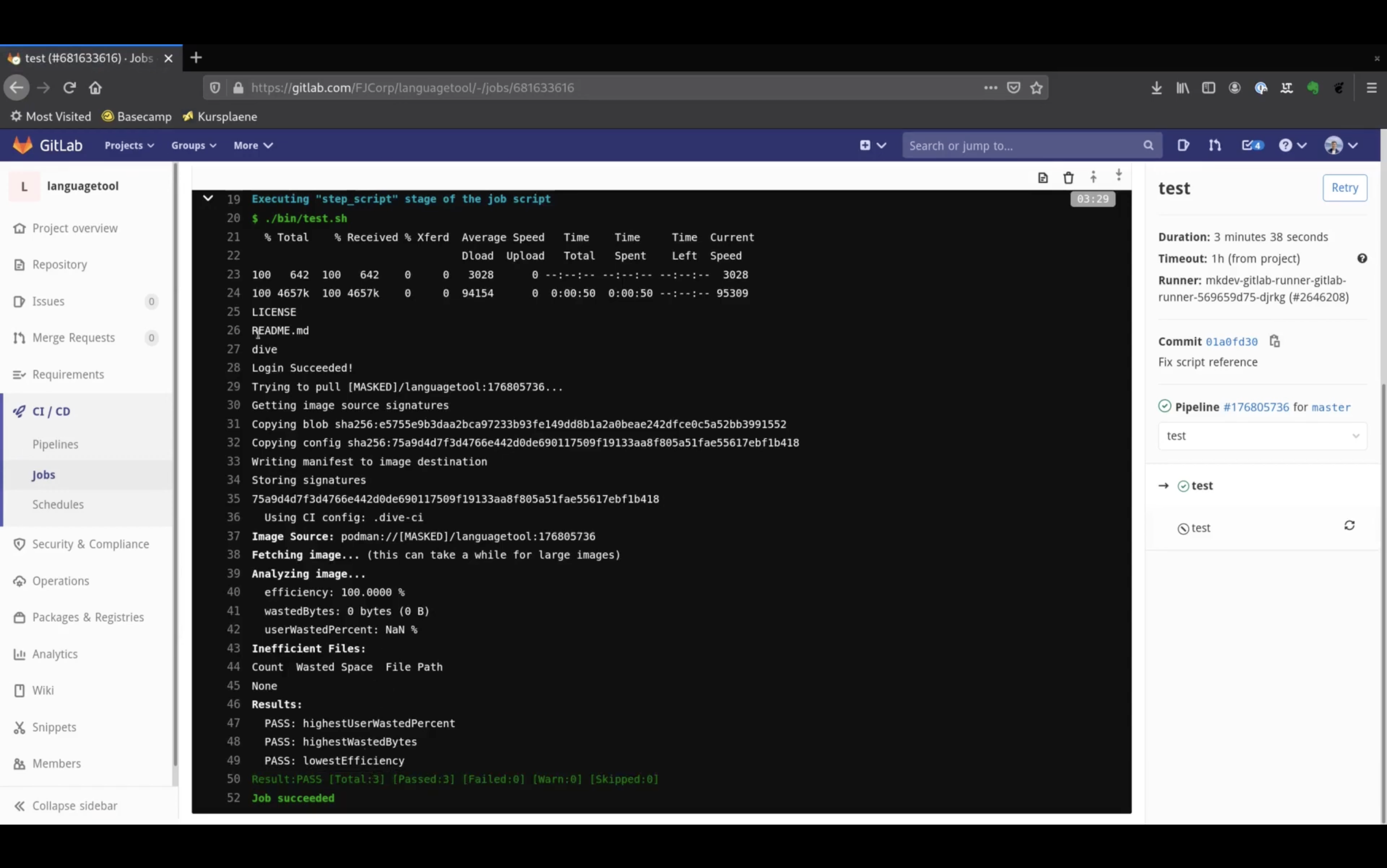 Screenshot of a GitLab CI/CD pipeline job interface. The image shows the terminal output of a successful job script execution, including file downloads, image analysis with efficiency metrics, and a result summary of "Job succeeded." Left pane displays the pipeline navigation menu.