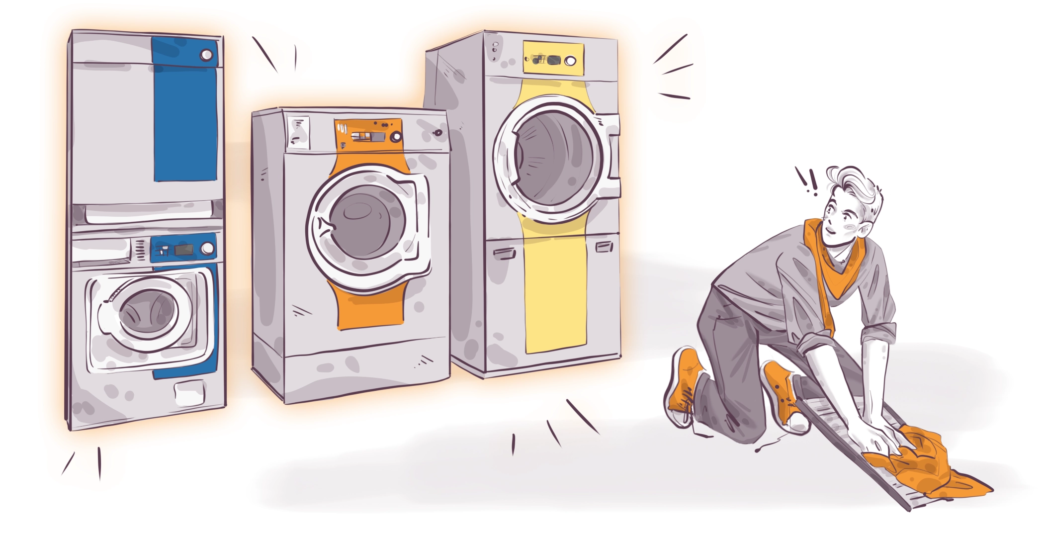 Illustration of a surprised person hand-washing clothes on a washboard, looking at three colorful washing machines. The machines are modern and in a row with blue, orange, and yellow accents.