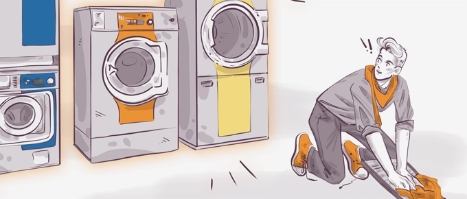 Illustration of a person kneeling and folding laundry in front of three colorful washing machines. The person is wearing orange shoes and a scarf, and looking to the side while working. The machines have vibrant panels in shades of blue, orange, and yellow.