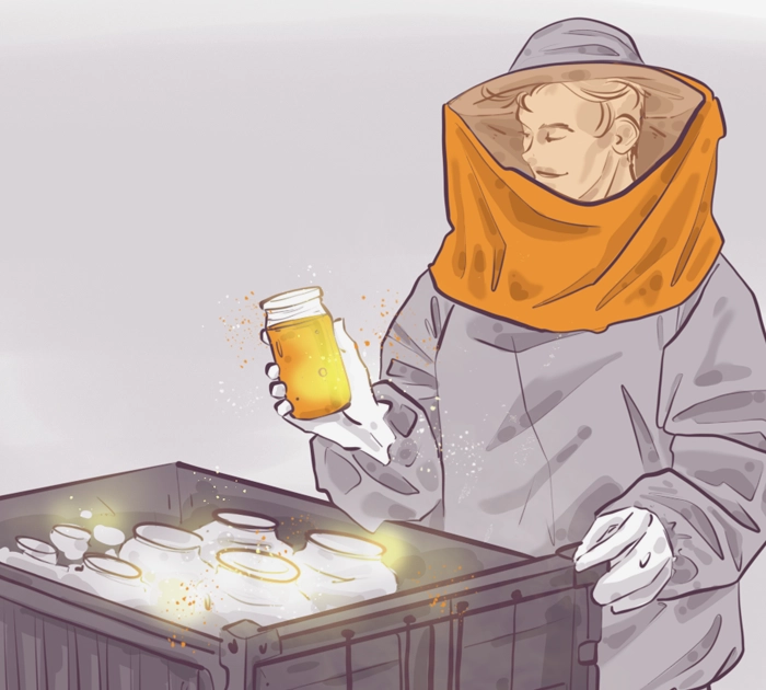 Illustration of a beekeeper wearing protective gear, including a hat and veil, holding a jar of golden honey. They are standing next to a crate filled with jars. The scene has a warm, glowing effect, emphasizing the honey's richness.