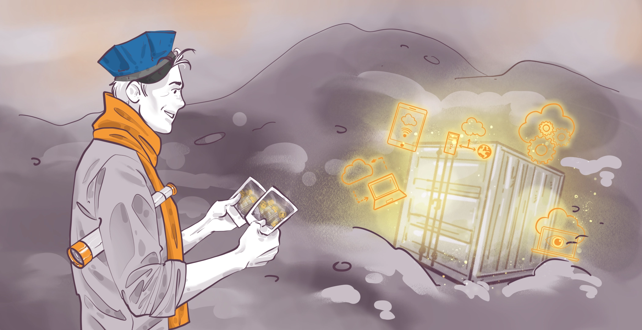 Illustration of a person holding photos, wearing an orange scarf and a blue hat, standing beside a large open crate with glowing digital symbols like cloud storage, gears, and devices emerging from it.