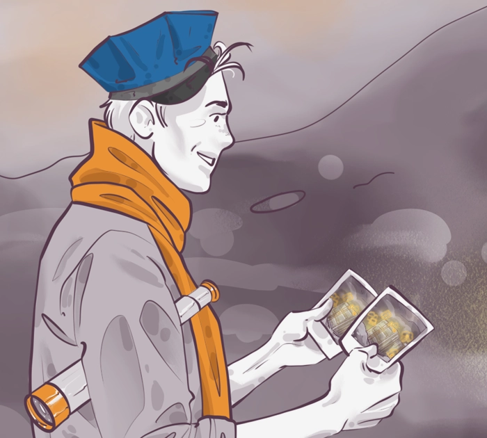 Illustration of a person wearing a blue cap and orange scarf, smiling while holding two polaroid photos. A flashlight is tucked under their arm. The background is a misty, gray landscape.