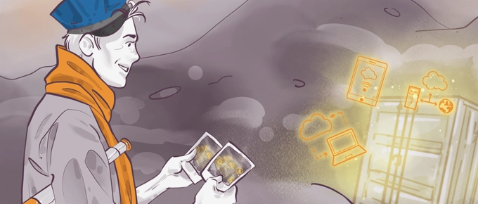 Illustration of a person in a blue hat and orange scarf holding two photographs. In the background, glowing symbols of a cloud, laptop, tablet, and smartphone connect to a storage unit, suggesting a digital or technological theme.