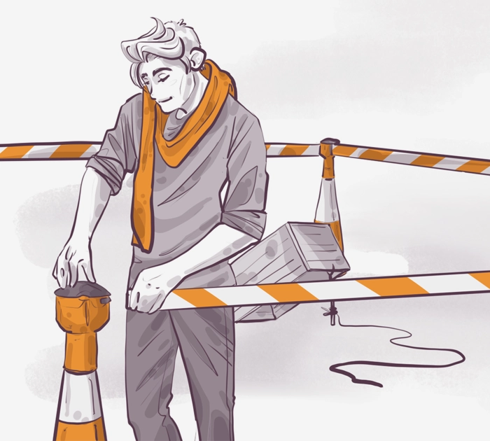 Illustration of a person wearing a scarf, adjusting an orange and white traffic cone. They look thoughtful and are surrounded by striped tape. A box is leaning against one of the cones.