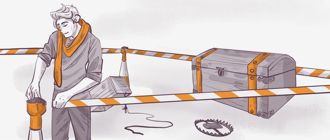 Illustration of a person in a scarf working on a tripod behind warning tape. Nearby are a wooden chest with lock and striped steel bands, a bear trap, and tools, suggesting a construction or archaeological setting. Soft, muted colors enhance the scene.
