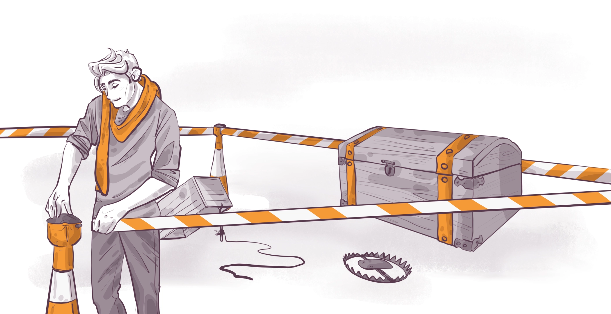 Illustration of a person in a grey outfit and orange scarf, leaning on a traffic cone with striped tape. A large, closed chest and a circular saw blade are on the ground.