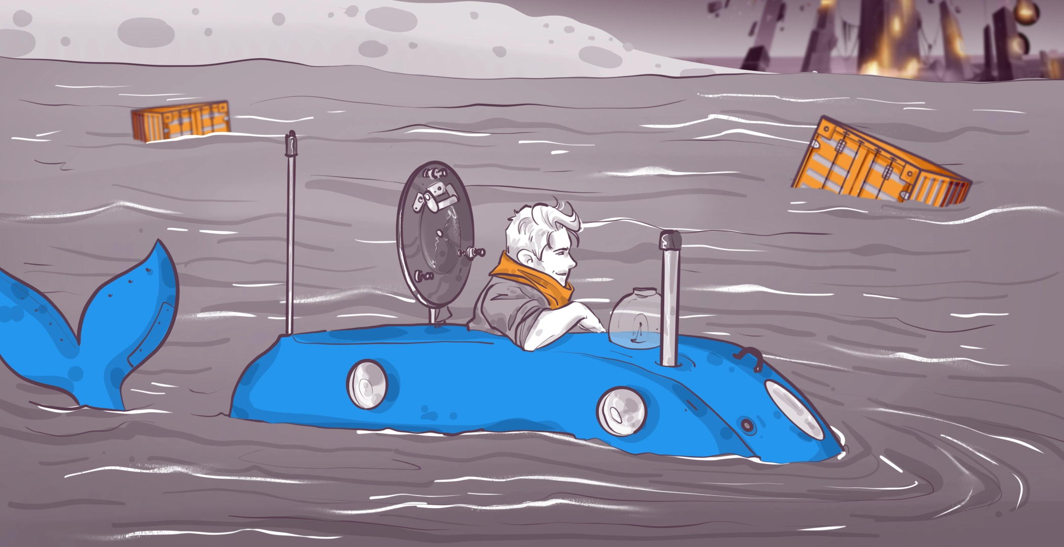 Cartoon man with orange scarf in a small blue submarine, surrounded by water. A whale tail is visible behind the submarine. Two orange shipping containers float in the background. The sky is grey, and a cityscape with lights is seen in the distance.