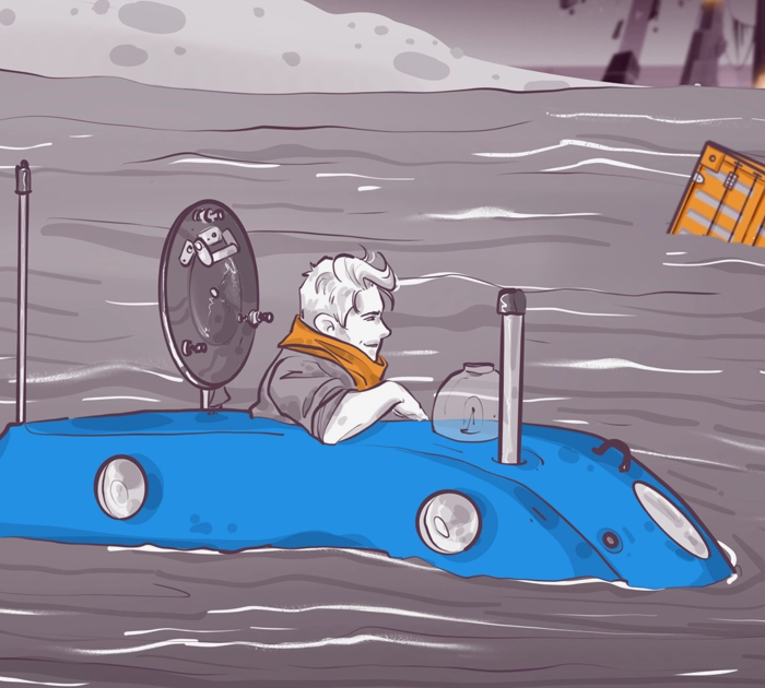 Illustration of a person with white hair and a yellow scarf, seated in a small blue submarine on a wavy ocean. A yellow crate is partially submerged in the water nearby, and a gray, cloudy sky is in the background.