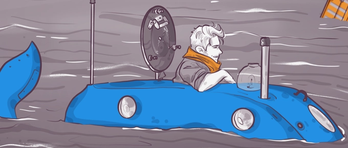 Illustration of a person in a small, blue submarine with a periscope and circular windows, navigating through wavy water. The person appears focused and is wearing a scarf. A satellite is visible in the distance.