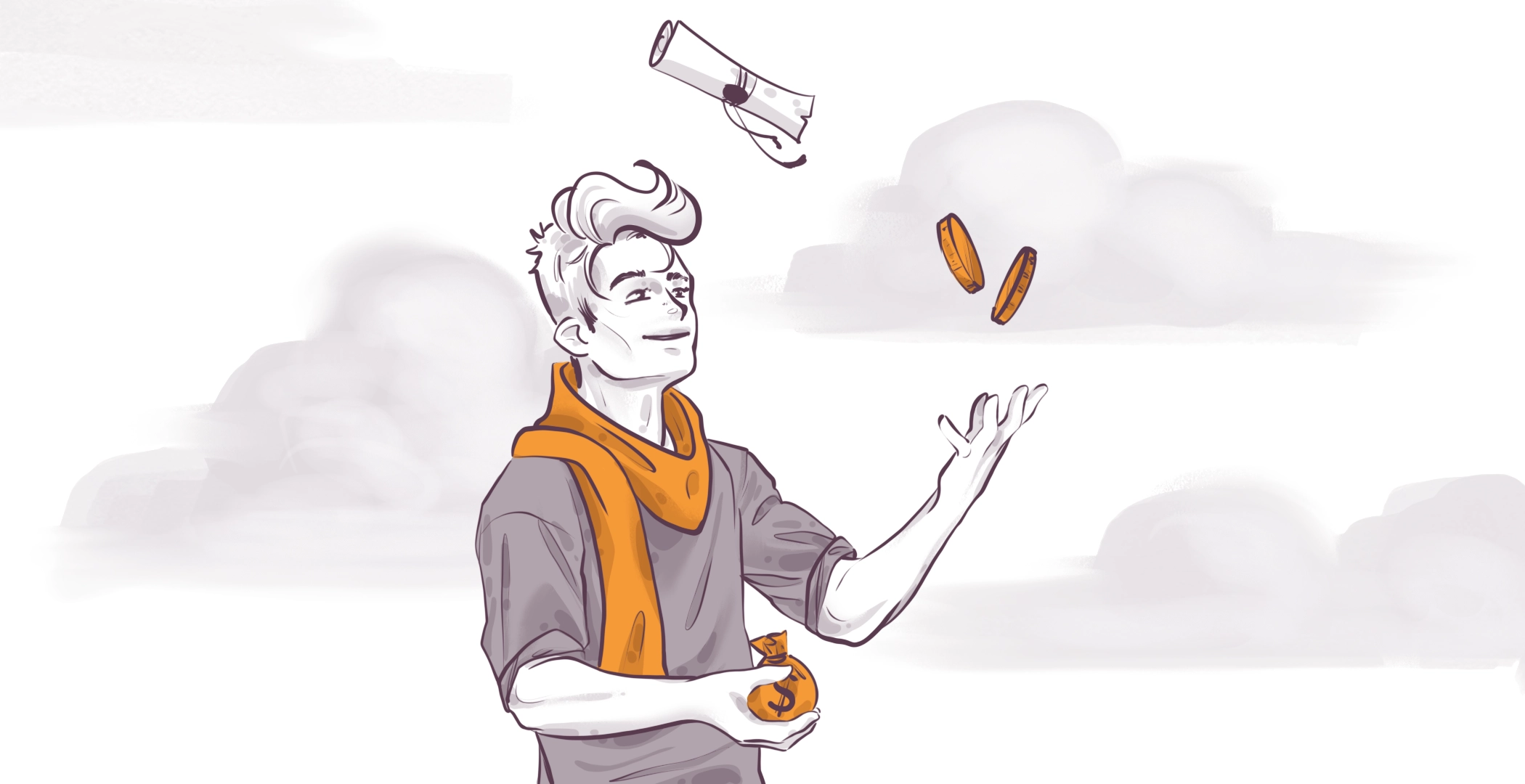 Illustration of a person with styled hair, wearing a scarf, holding a money bag while juggling a diploma and two coins. The background features gray clouds, giving a whimsical feel.