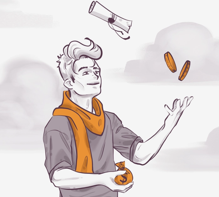 Illustration of a person with an orange scarf juggling a diploma, coins, and holding a money bag. The background is a cloudy, neutral tone.
