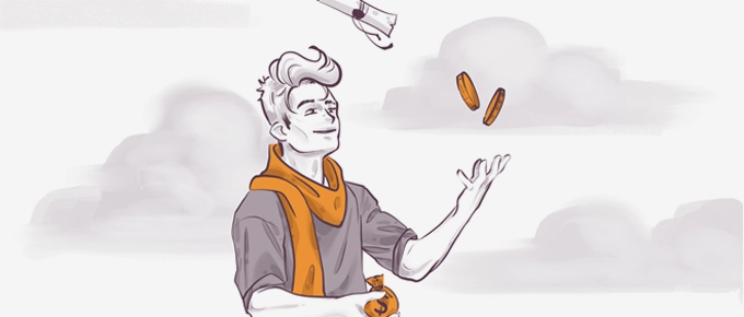 Illustration of a person with styled hair wearing an orange and gray outfit, casually juggling three coins with a confident expression. A small paper plane flies above, set against a soft, cloudy sky background.