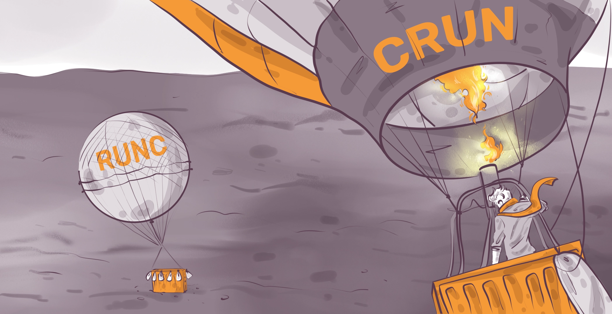 Illustration of two hot air balloons floating over a gray landscape. The larger balloon has "CRUN" written on it with a person in the basket looking back. The smaller balloon has "RUNC" on it, carrying a basket with rocks. Background features a cloudy sky.