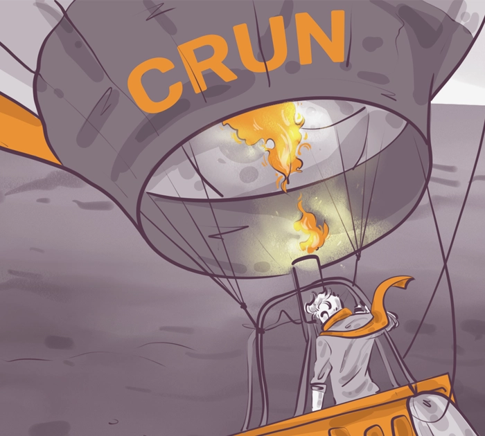 Illustration of a person in a basket under a hot air balloon with flames coming from the balloon, which has the word "CRUN" on it. The person is looking upwards, wearing an orange scarf. The scene is depicted in a stylized, graphic art style.