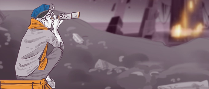 Illustration of a person wrapped in a blanket with an orange detail, wearing a blue cap, sitting on an orange box, looking through a telescope. The background shows a blurry, mysterious landscape with bright lights in the distance, creating a dreamlike atmosphere.