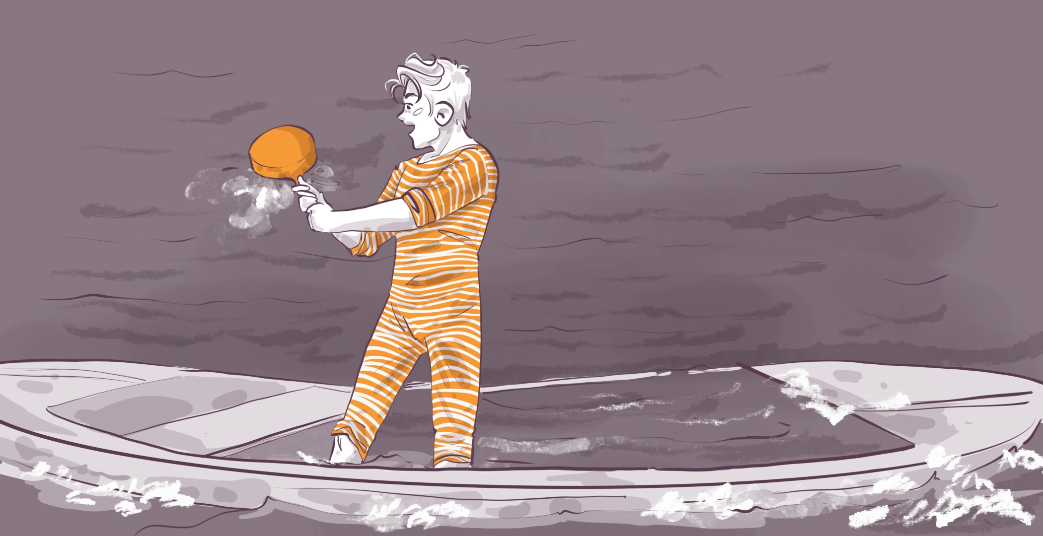 Illustration of a person in an orange and white striped outfit standing on a surfboard-like platform in a body of water, holding an orange object with steam rising from it. The scene has a stylized, monochromatic purple background.