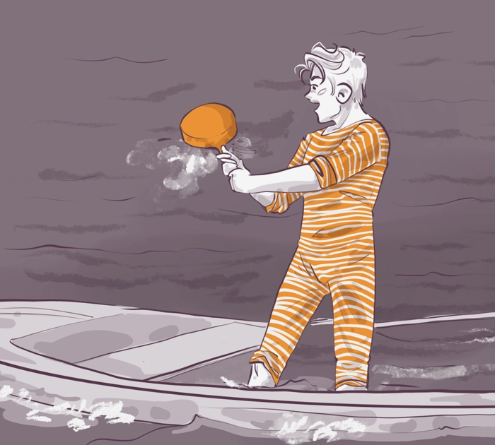 Illustration of a person in an orange and white striped outfit standing on a boat in a body of water, holding a frying pan with a puff of smoke rising. The scene is set against a dark, monochromatic background.
