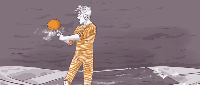 Illustration of a person in an orange and white striped outfit playing table tennis. The individual holds a paddle poised to hit a ball. The background is a grayish hue with abstract patterns, and the scene has a dynamic, playful feel.