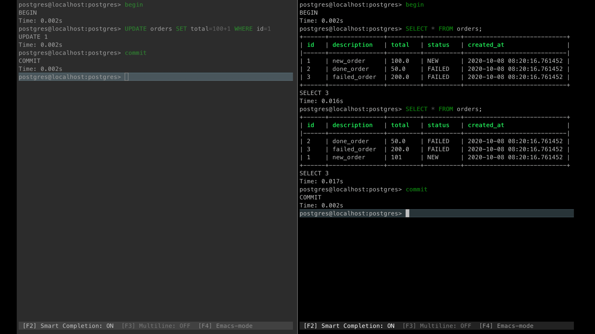 A screenshot of a PostgreSQL database command-line interface showing transaction commands and SQL queries with the resulting table outputs.