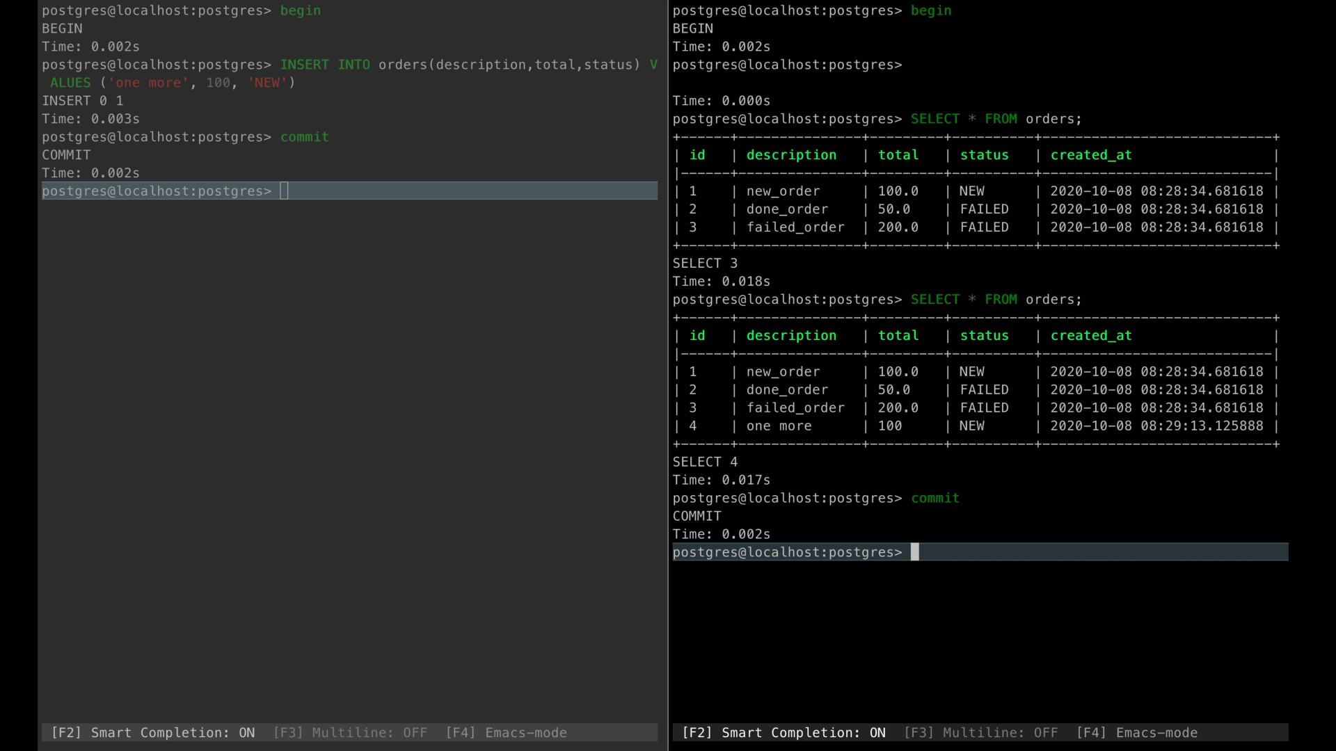 Screenshot of a PostgreSQL database interface with commands for starting a transaction, inserting data into the 'orders' table, and the resulting selection output.