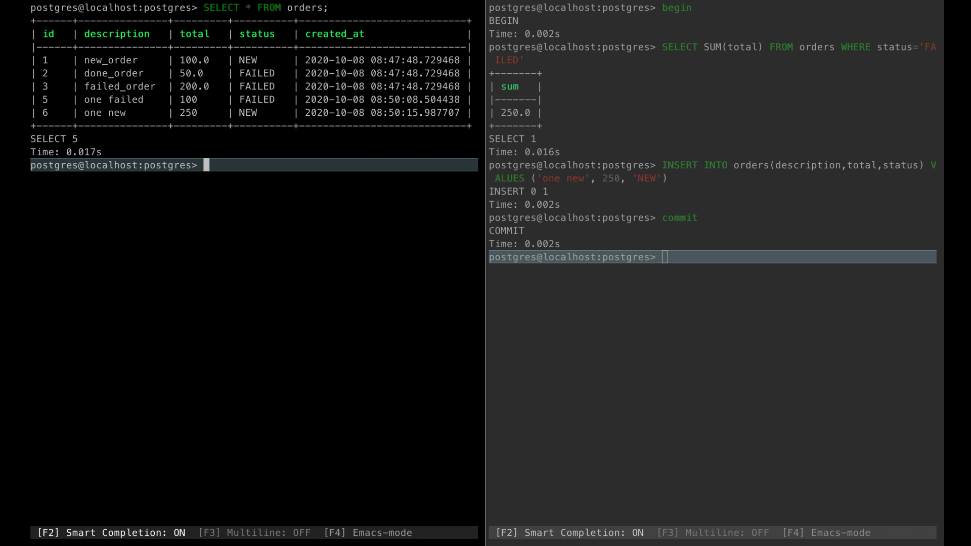 Screenshot of two terminal windows showing SQL commands executed in a PostgreSQL database; one window displays a SELECT query result and the other shows transaction commands.