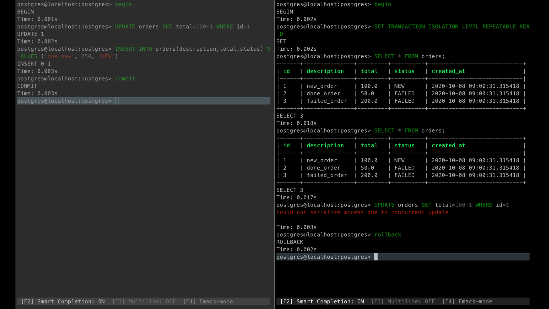 A split-screen terminal showing PostgreSQL commands, including 'BEGIN', 'UPDATE', 'INSERT', 'COMMIT', a 'SELECT' query with table output, and an 'UPDATE' error with 'ROLLBACK' on the right pane.