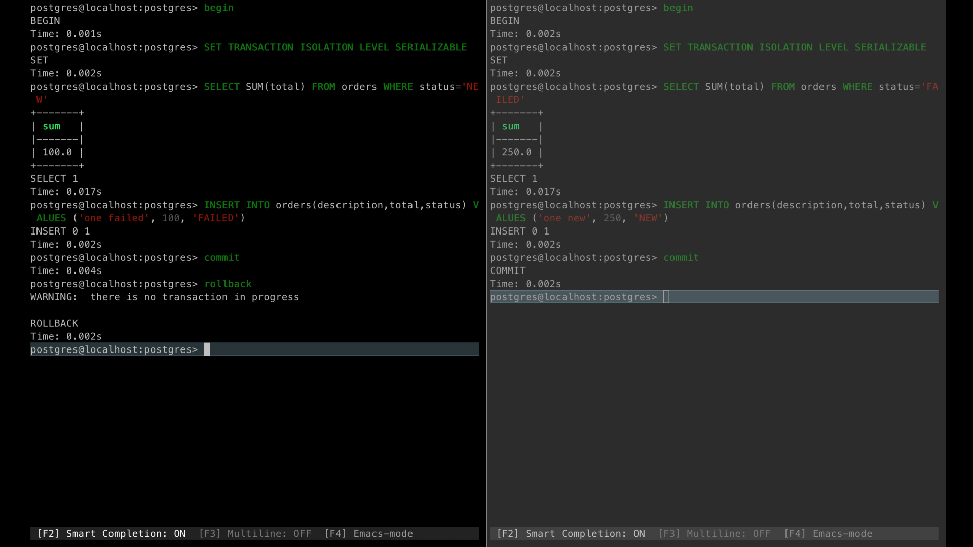 Screenshot of two terminal windows showing PostgreSQL commands related to database transactions, including 'BEGIN', 'SET TRANSACTION', 'SELECT', 'INSERT INTO', 'COMMIT', and 'ROLLBACK'.