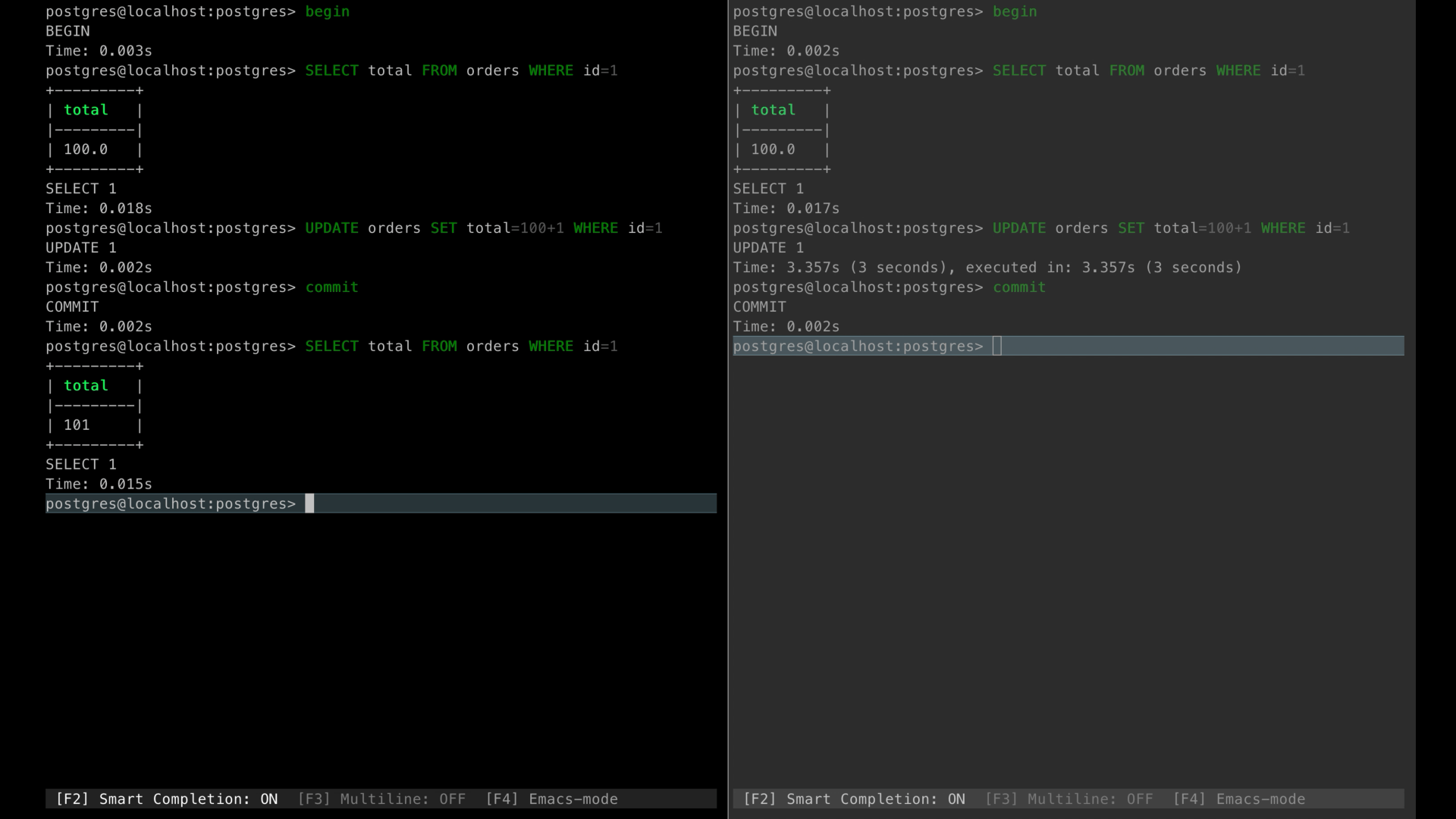 Two terminal windows showing PostgreSQL commands for selecting and updating data within a database, illustrating SQL transaction commands and output.