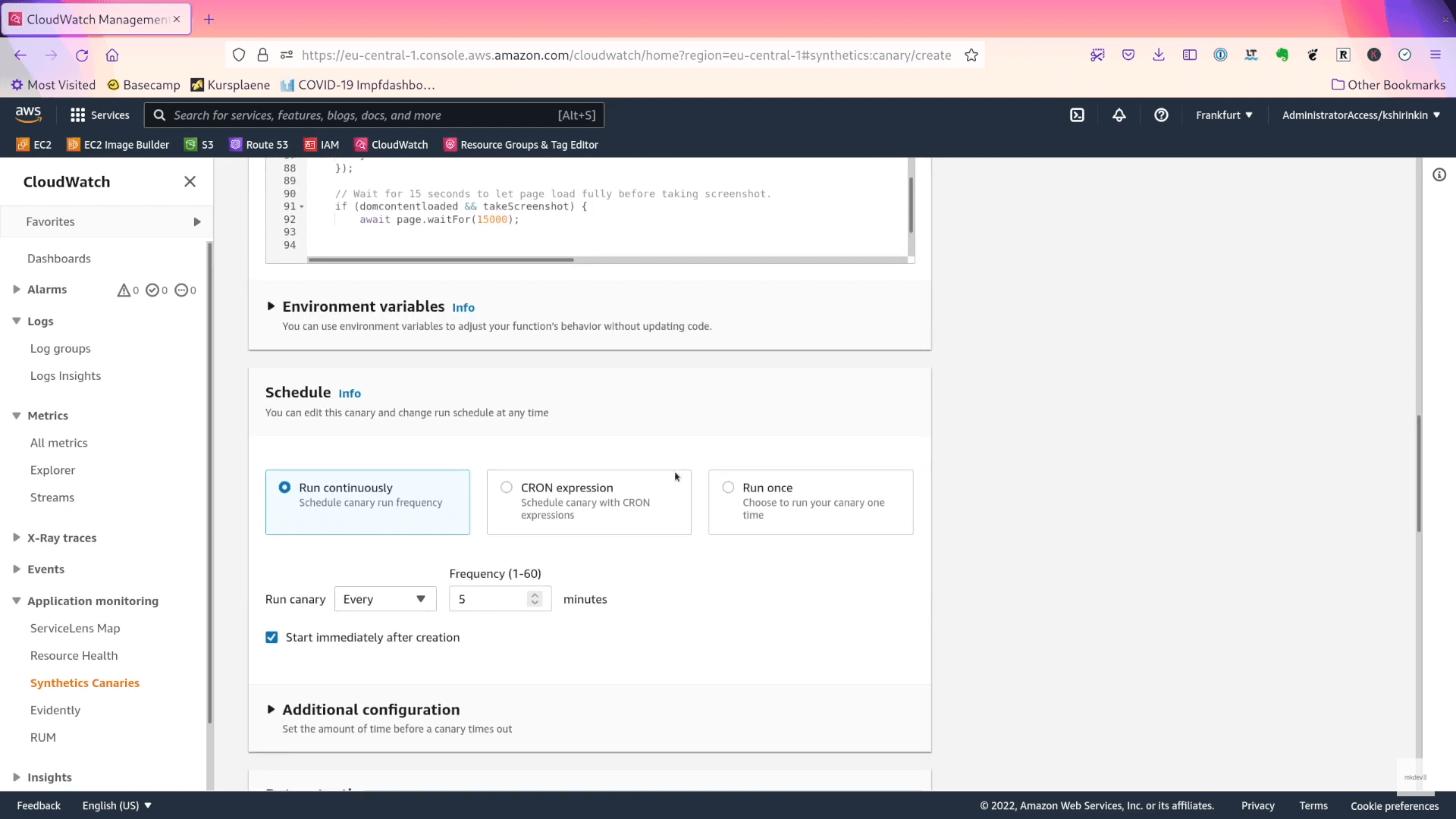 Screenshot showing Amazon Web Services CloudWatch management console with options to schedule and configure environment variables for a canary function.