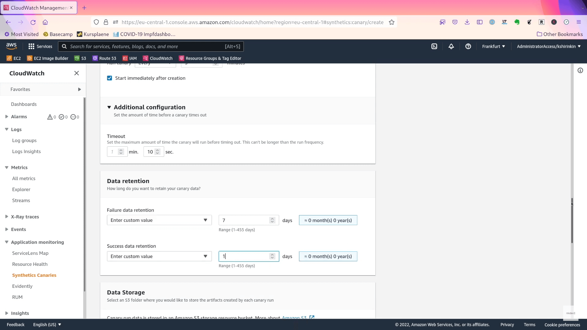 Screenshot of AWS CloudWatch Management console with configuration settings for a canary, including timeout, data retention, and data storage options.