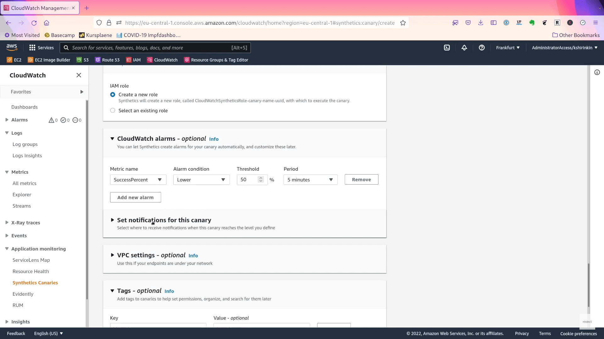 Screenshot of AWS CloudWatch Management console with options for setting alarms, notifications, VPC settings, and tags for a canary monitoring setup.