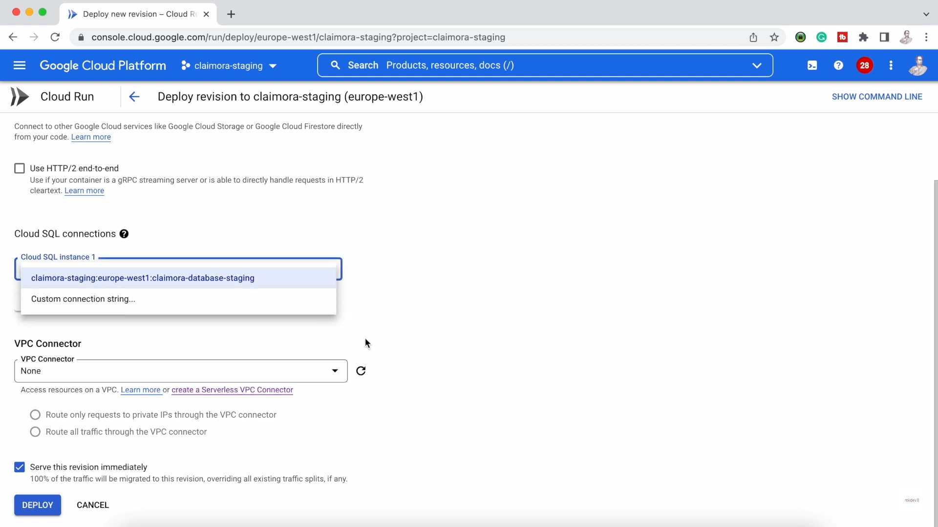 Screenshot of Google Cloud Platform interface showing a Cloud Run service deployment page with options for Cloud SQL connections and a VPC Connector configuration.