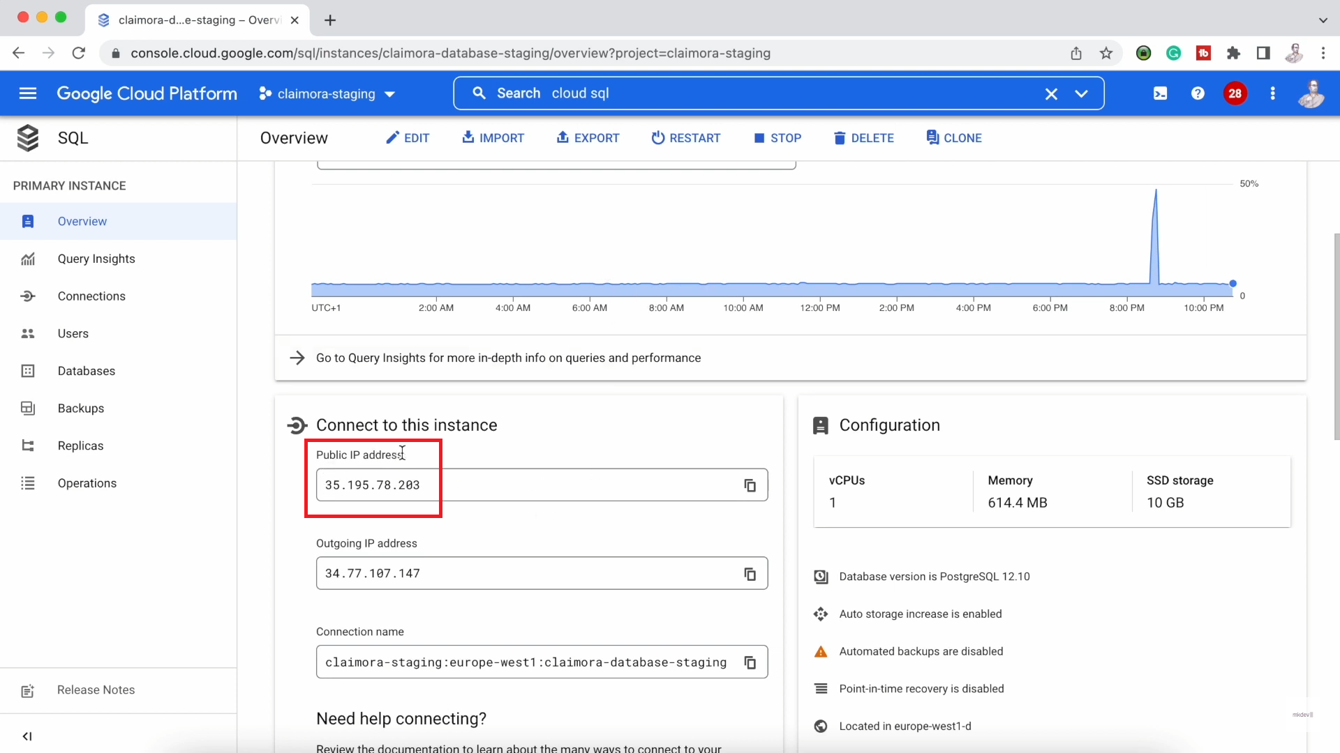 A screenshot of the Google Cloud Platform console showing an overview of a SQL database instance with CPU usage graph, public IP address, and configuration details like vCPUs, memory, and SSD storage.