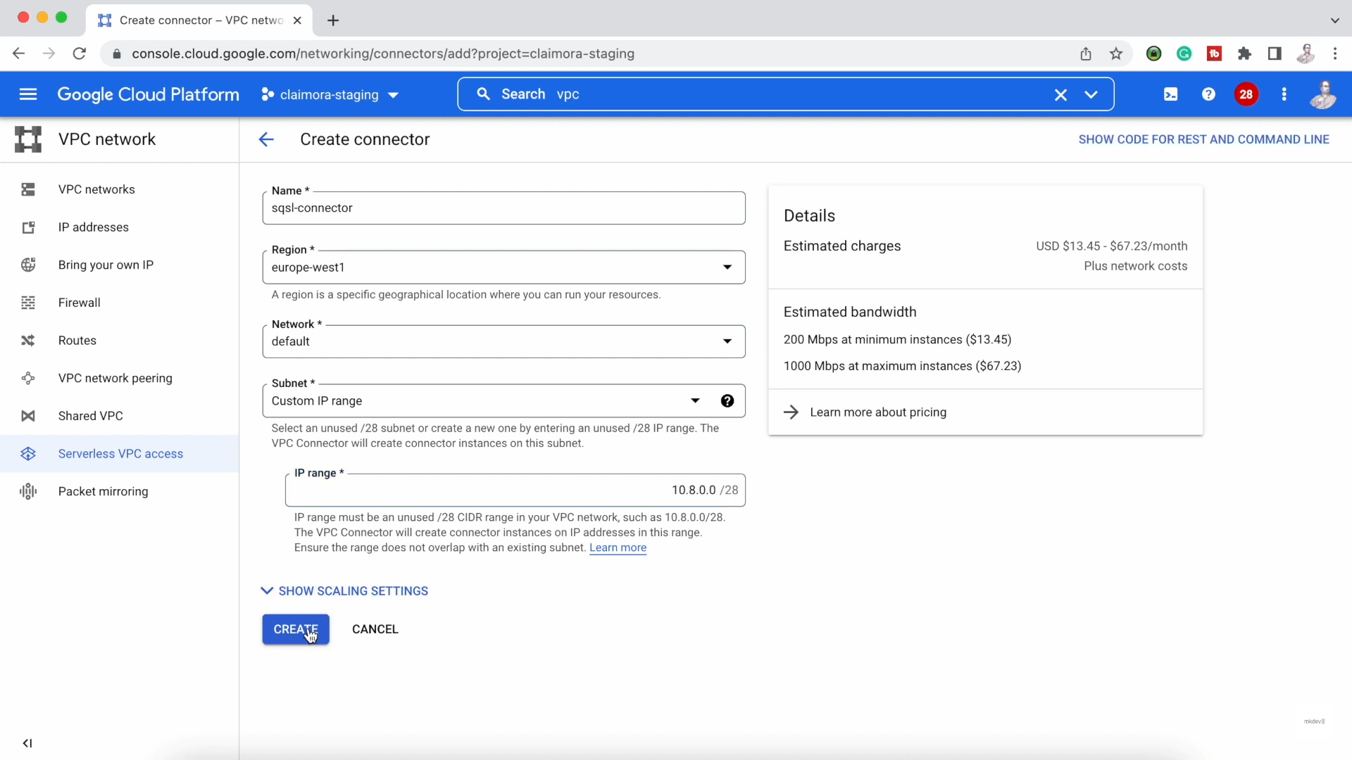 Screenshot of Google Cloud Platform interface showing the 'Create connector' page with form fields for configuring network details such as name, region, network, and subnet.