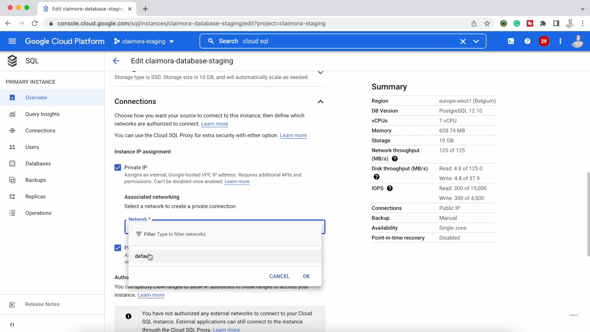 Screenshot of the Google Cloud Platform interface, showing the 'Edit claiomra-database-staging' dialog with options for IP assignment and associated networking.