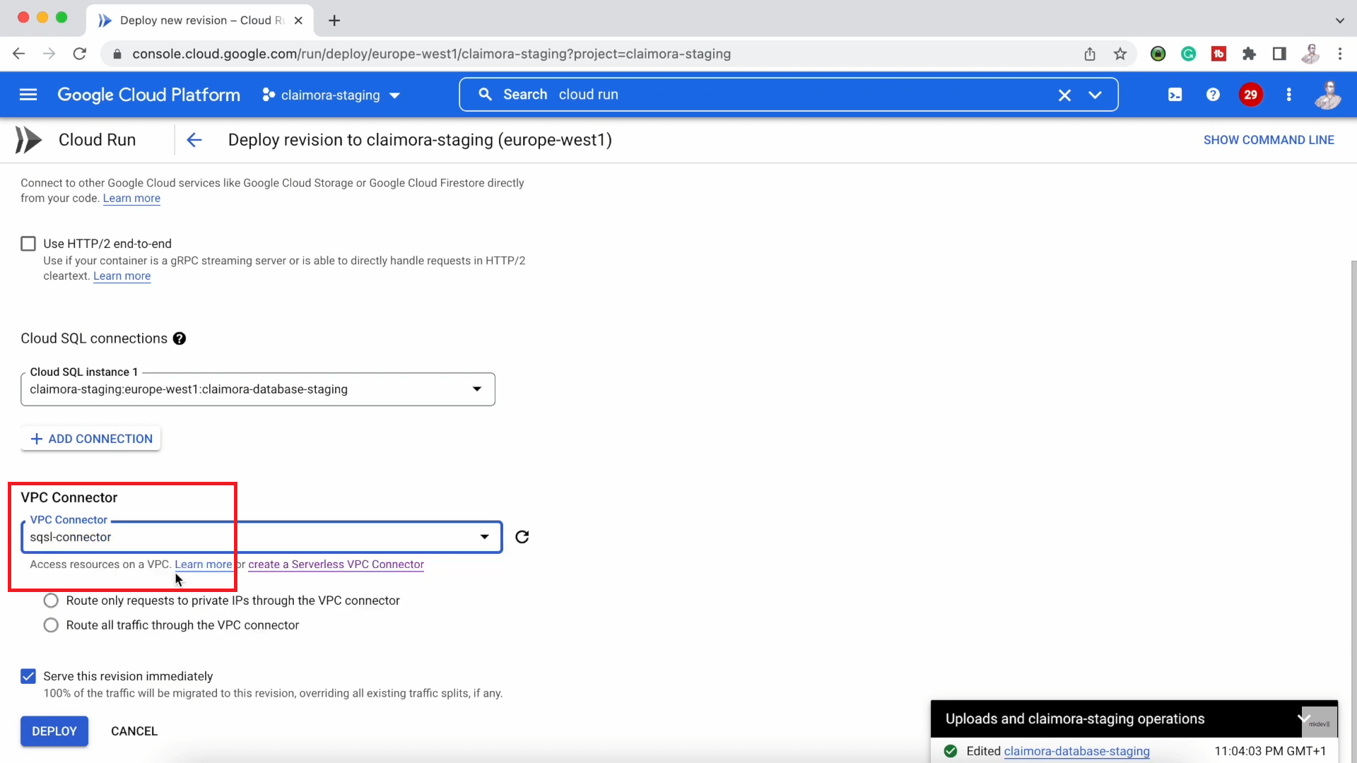 Screenshot of the Google Cloud Platform interface showing the deployment settings for a service with options for HTTP/2, Cloud SQL connections, and VPC Connector highlighted.