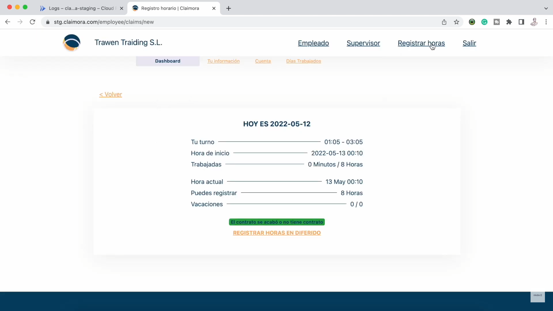 Screenshot of a time tracking web dashboard with headings 'Empleado' and 'Supervisor', displaying work schedule details for the date 2022-05-12, and options for logging hours.