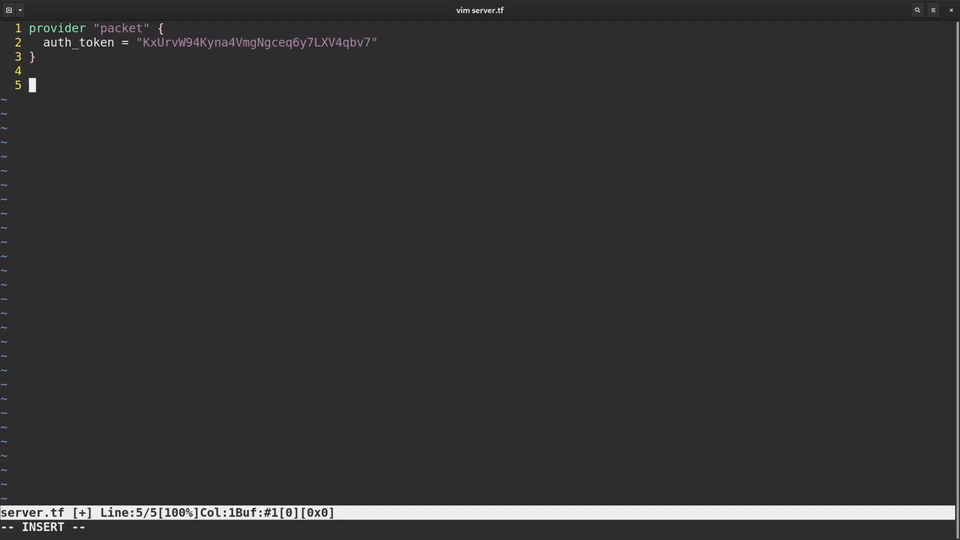 A screenshot of a computer screen showing a code editor with a few lines of code, specifically a configuration file named 'server.tf' that includes a provider name and an authentication token.