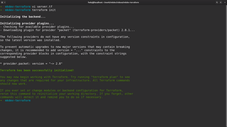 A terminal screen showing the successful initialization of Terraform, a tool for building, changing, and versioning infrastructure safely and efficiently.