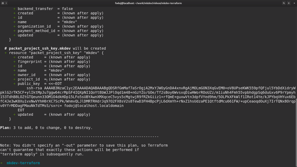 A screenshot of a computer terminal displaying code from Terraform, a tool for building and managing infrastructure, showing the configuration for a 'packet_project_ssh_key' resource and indicating that three additions will be made upon deployment.